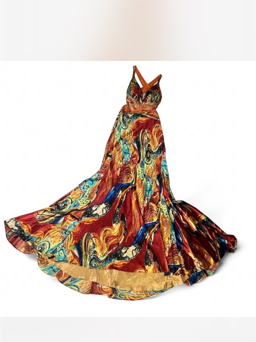 Cache Red Multi-Color Swirl V-Neck Maxi Dress